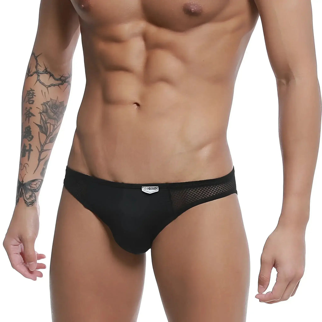 Black mesh briefs with sleek form-fitting design and small brand tag at waistband by metromalewear colorado jock strap tull