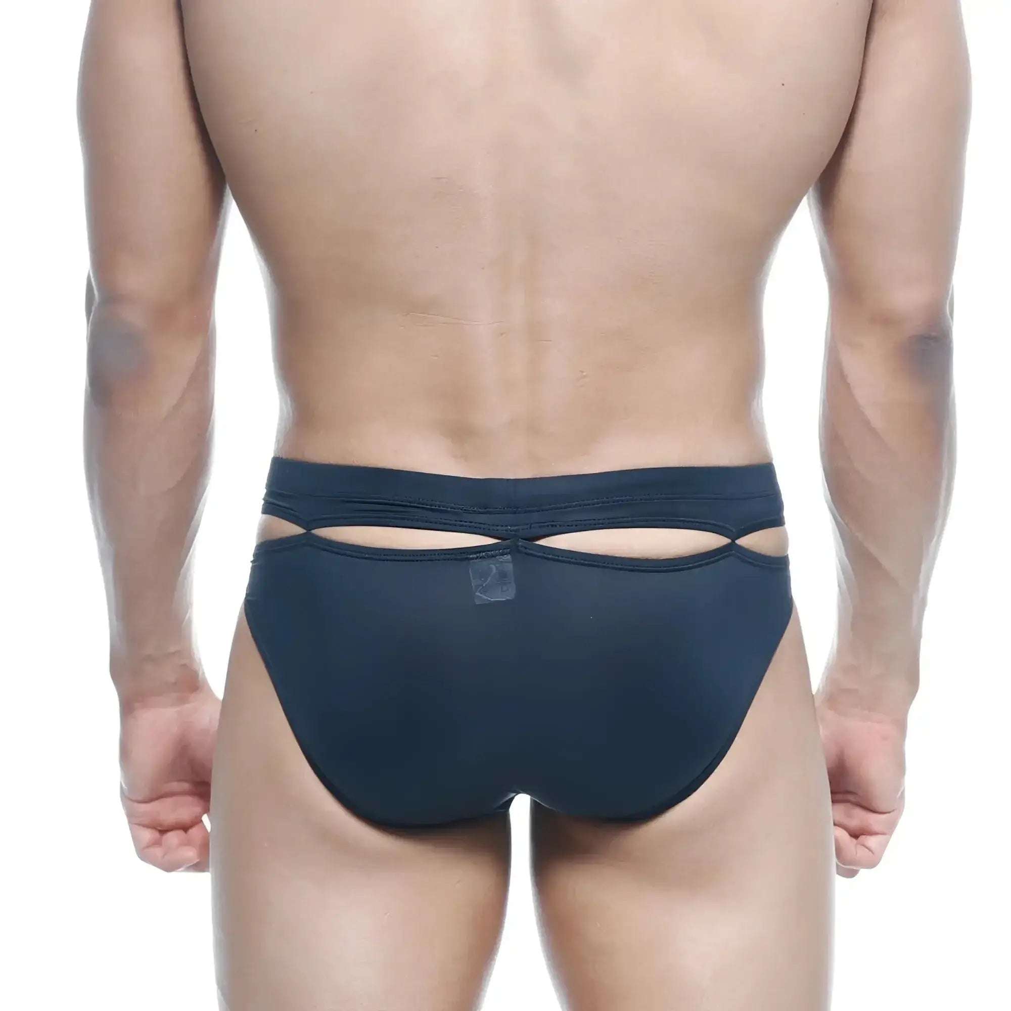 Back view of metroMaleWear Concepcion brief black 5213-20 navy blue mesh briefs with cutout design