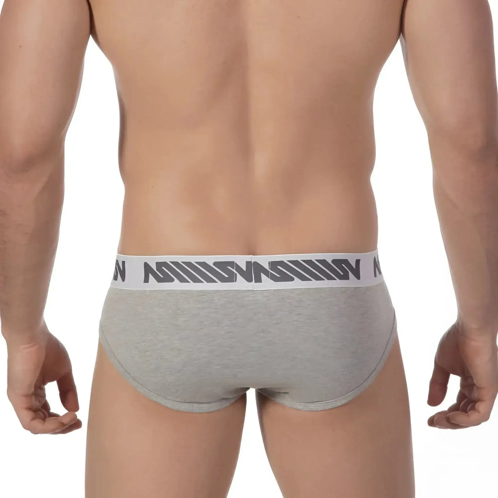 Gray heathered MetroMaleWear core hip briefs with white elastic waistband featuring repeating dark gray logo pattern