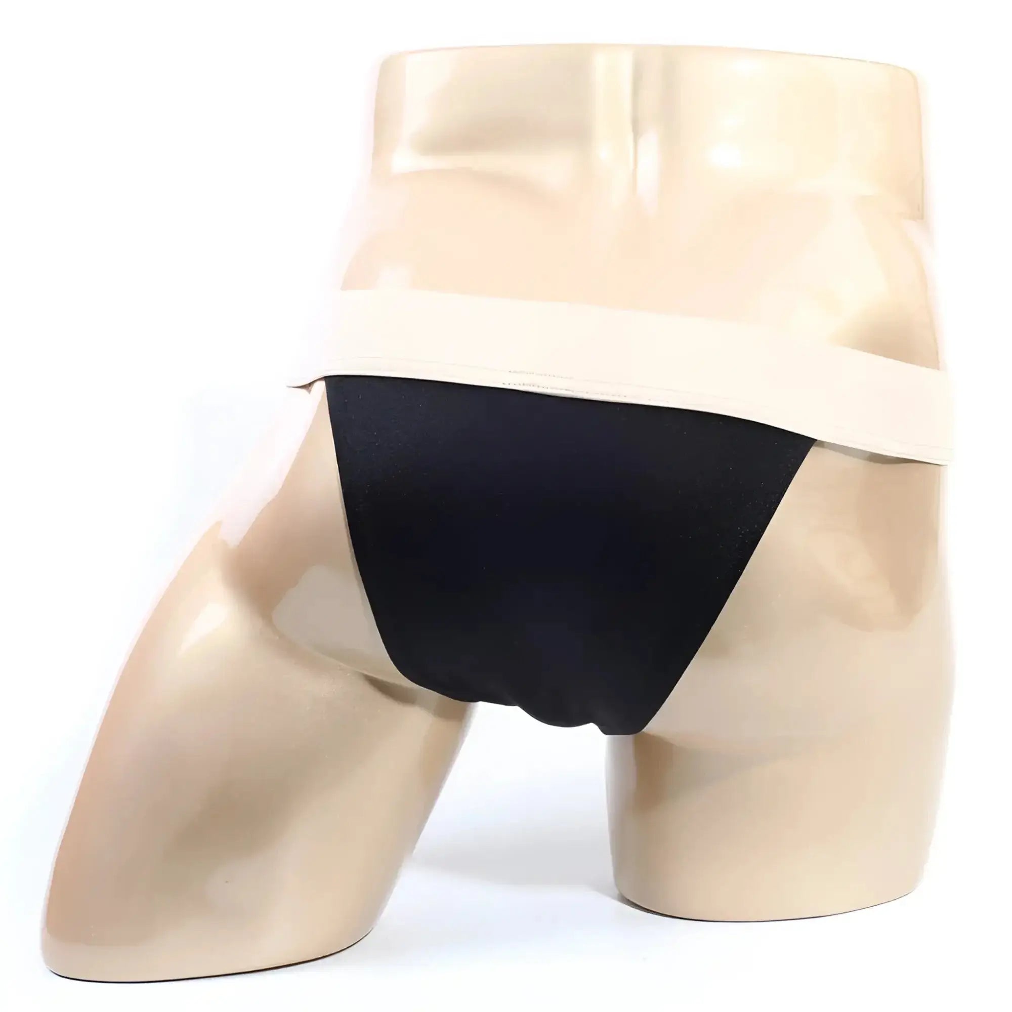 MetroMalewear cosmos bikini black 1124-20 black satin briefs with wide beige waistband on mannequin front view