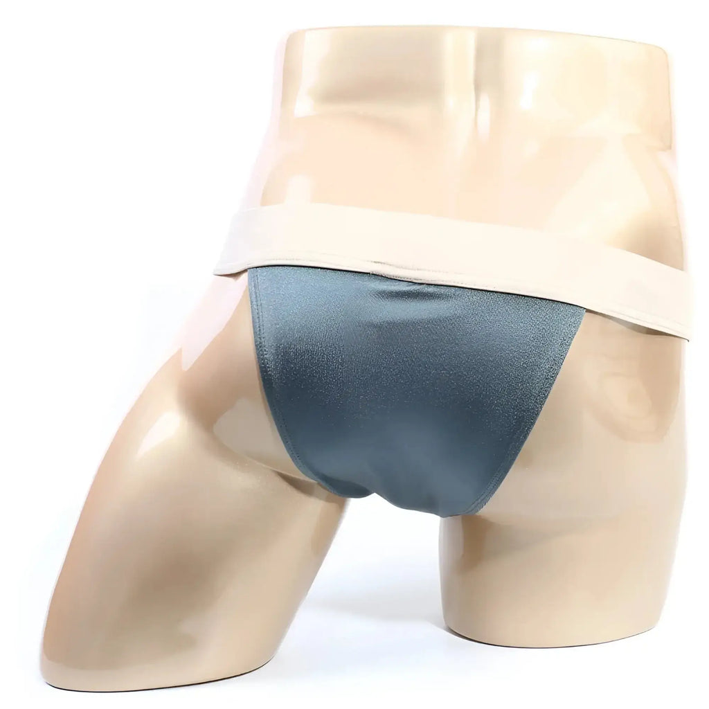 Dark teal satin briefs with a wide beige waistband from metromalewear cosmos bikini moss 1124-07
