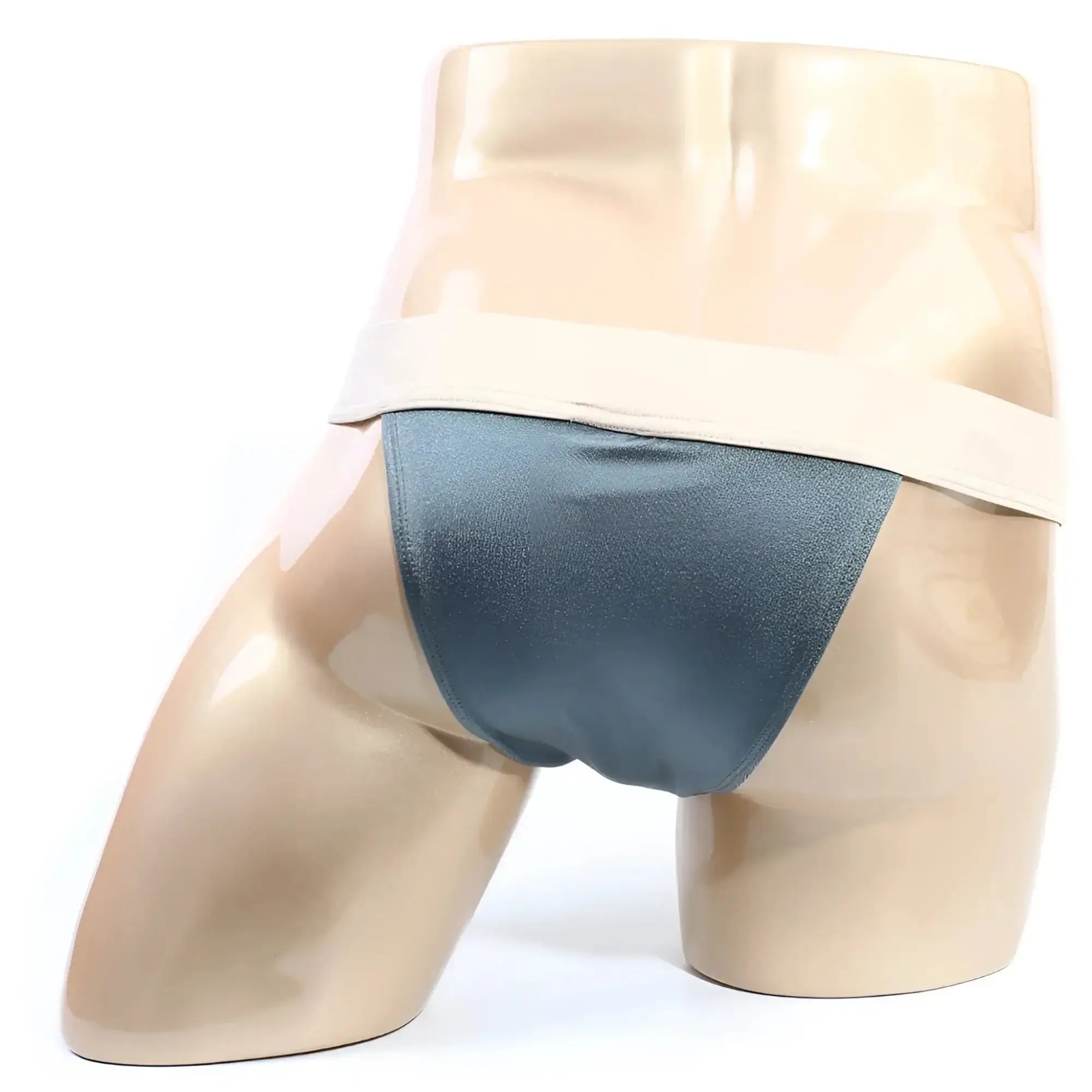 Dark teal satin briefs with a wide beige waistband from metromalewear cosmos bikini moss 1124-07