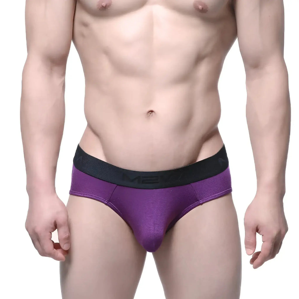 Purple metro malewear cotton hip briefs with black waistband and white mean branding for men