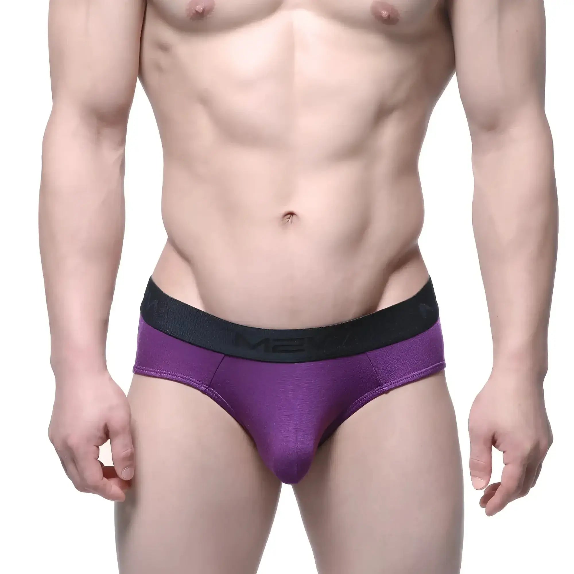 Purple metro malewear cotton hip briefs with black waistband and white mean branding for men