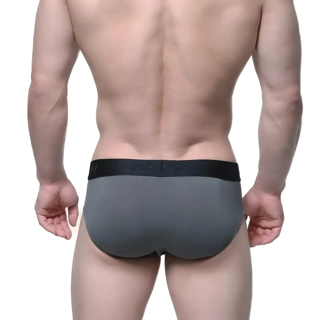 Gray cotton men’s briefs with black elastic waistband and subtle MetroMaleWear branding in a hip brief style