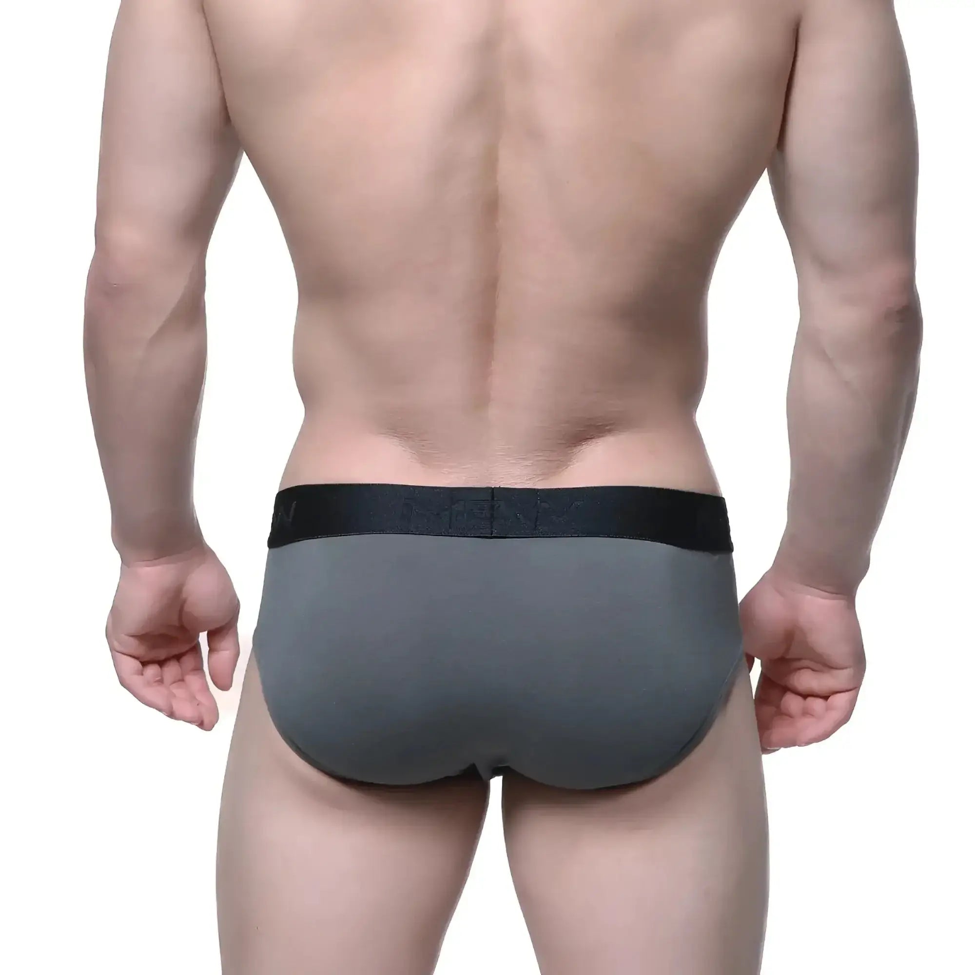 Gray cotton men’s briefs with black elastic waistband and subtle MetroMaleWear branding in a hip brief style