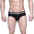 Black metromalewear cotton hip brief with a white logo band showing the front side for everyday comfort