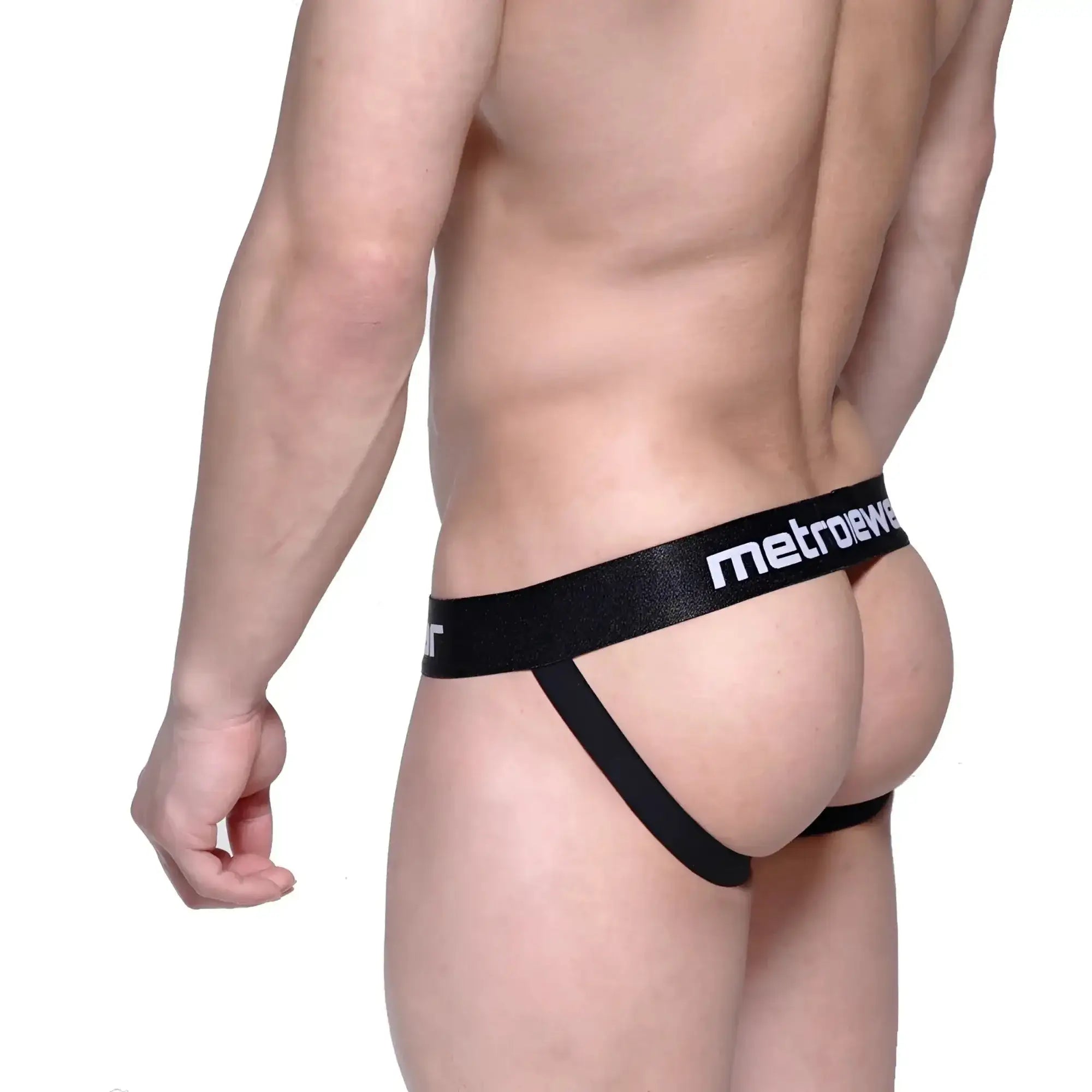 Black metrowear cotton briefs with sleek form-fitting design and white waistband lettering shown from the front