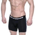 Black mens cotton boxer briefs with white metromalewear logo on waistband metro male wear cotton mid boxer intense 10 3023 21