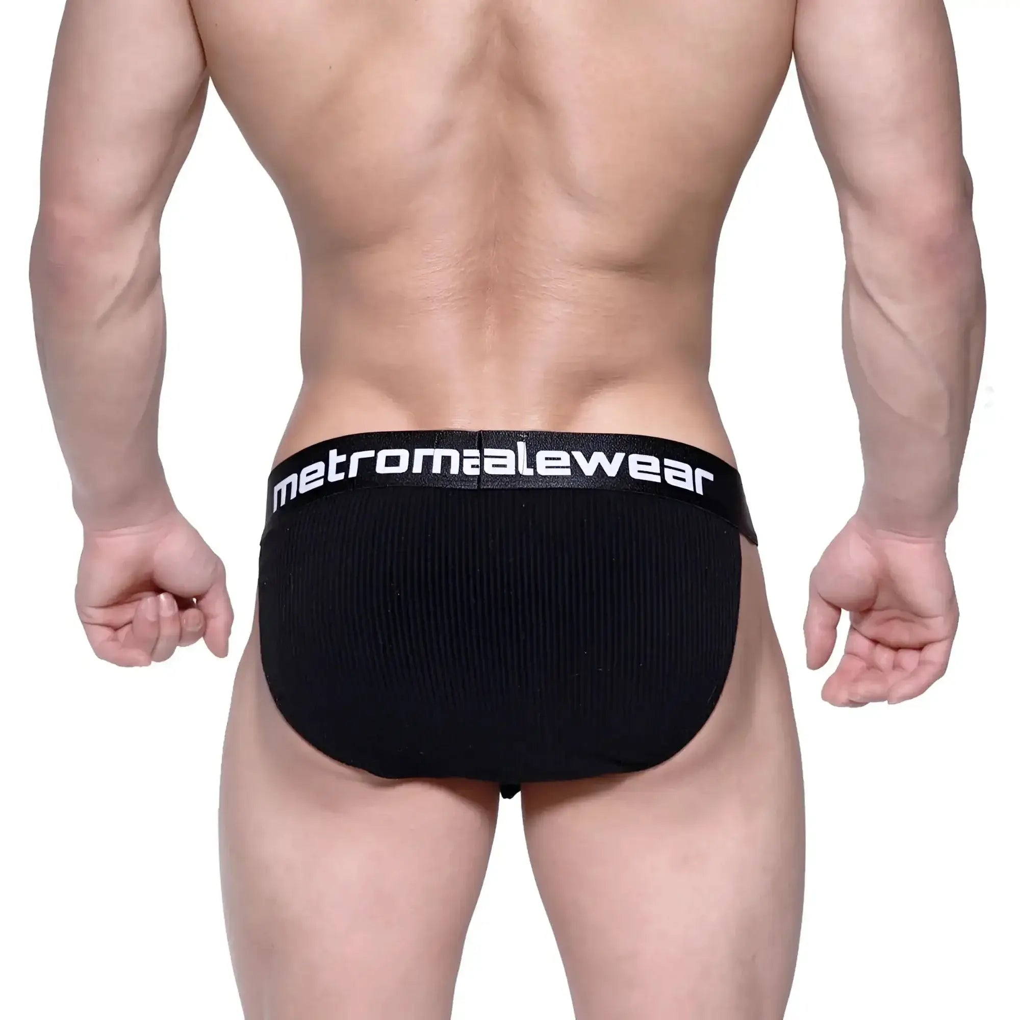 Black cotton rib bulge bikini briefs with white metromalewear logo on waistband for comfortable everyday wear