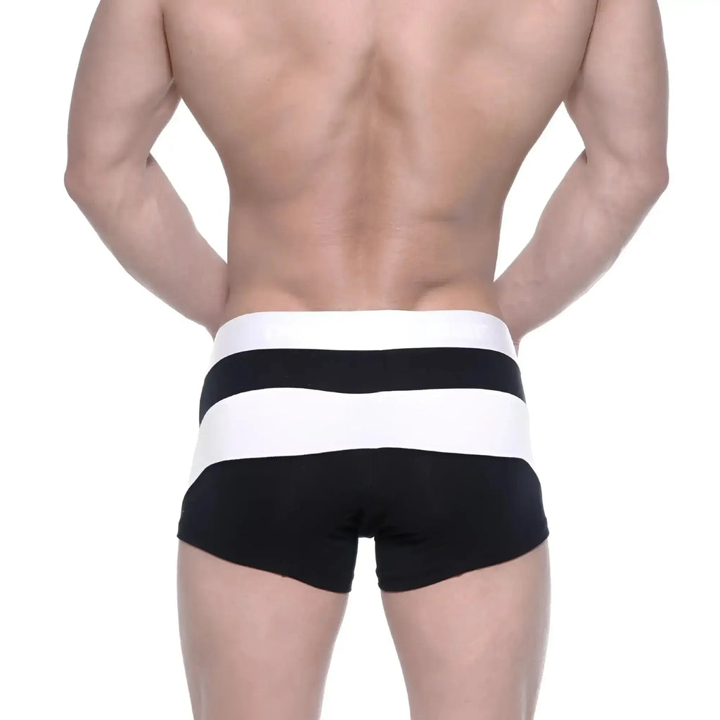 Black and white striped cotton metro male wear short boxer briefs with wide elastic waistband front view
