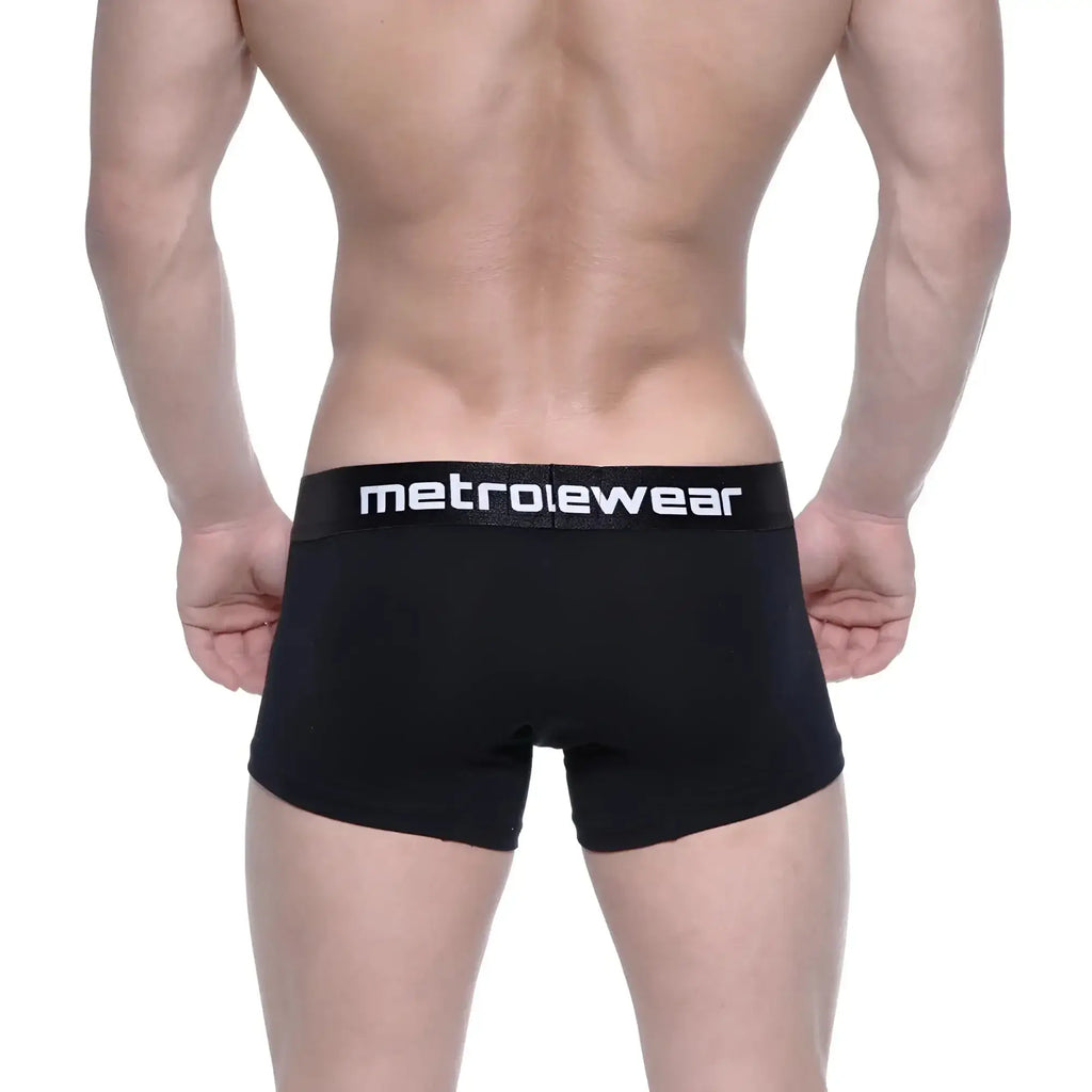 Black MetroMaleWear cotton short boxer briefs with white logo waistband and 7 inch inseam for intense comfort