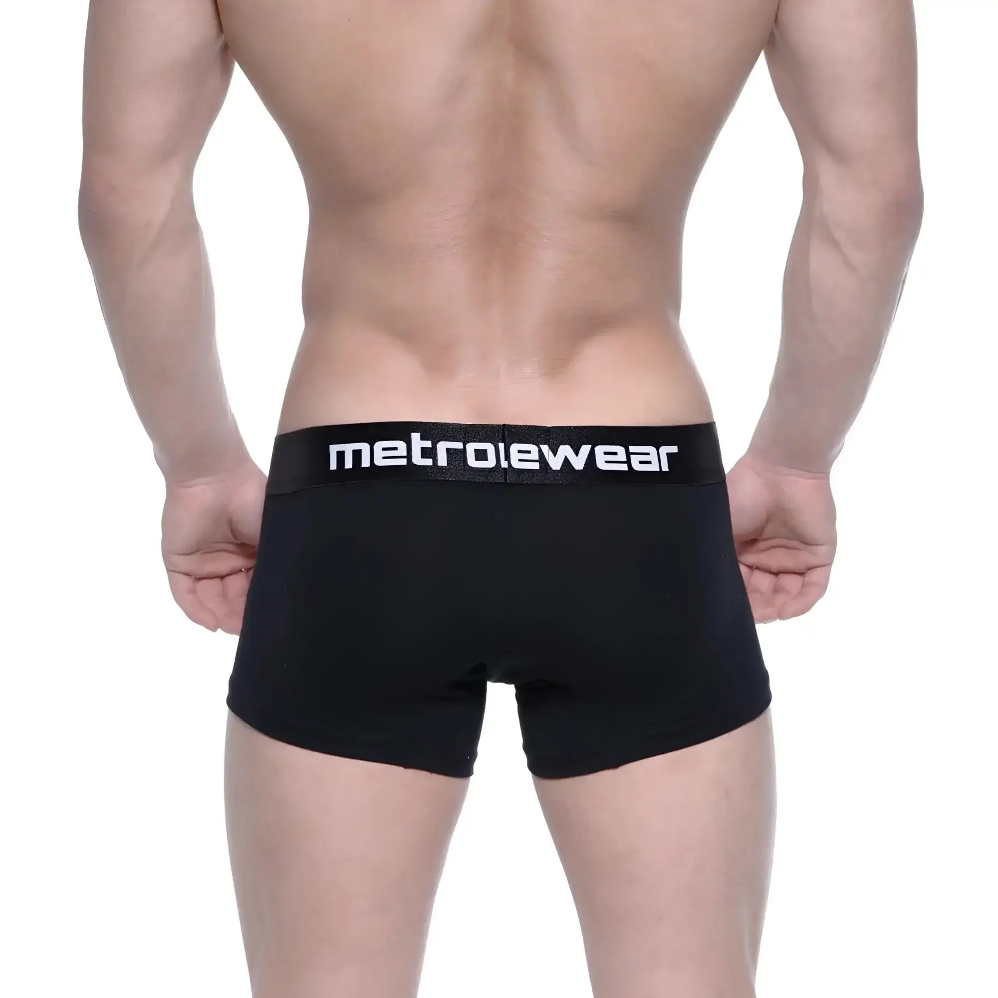 Black MetroMaleWear cotton short boxer briefs with white logo waistband and 7 inch inseam for intense comfort