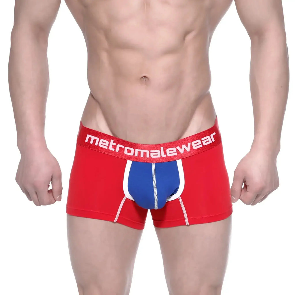 Red and blue cotton men’s boxer briefs with white trim and metromalewear logo on the waistband in MetroMaleWear style