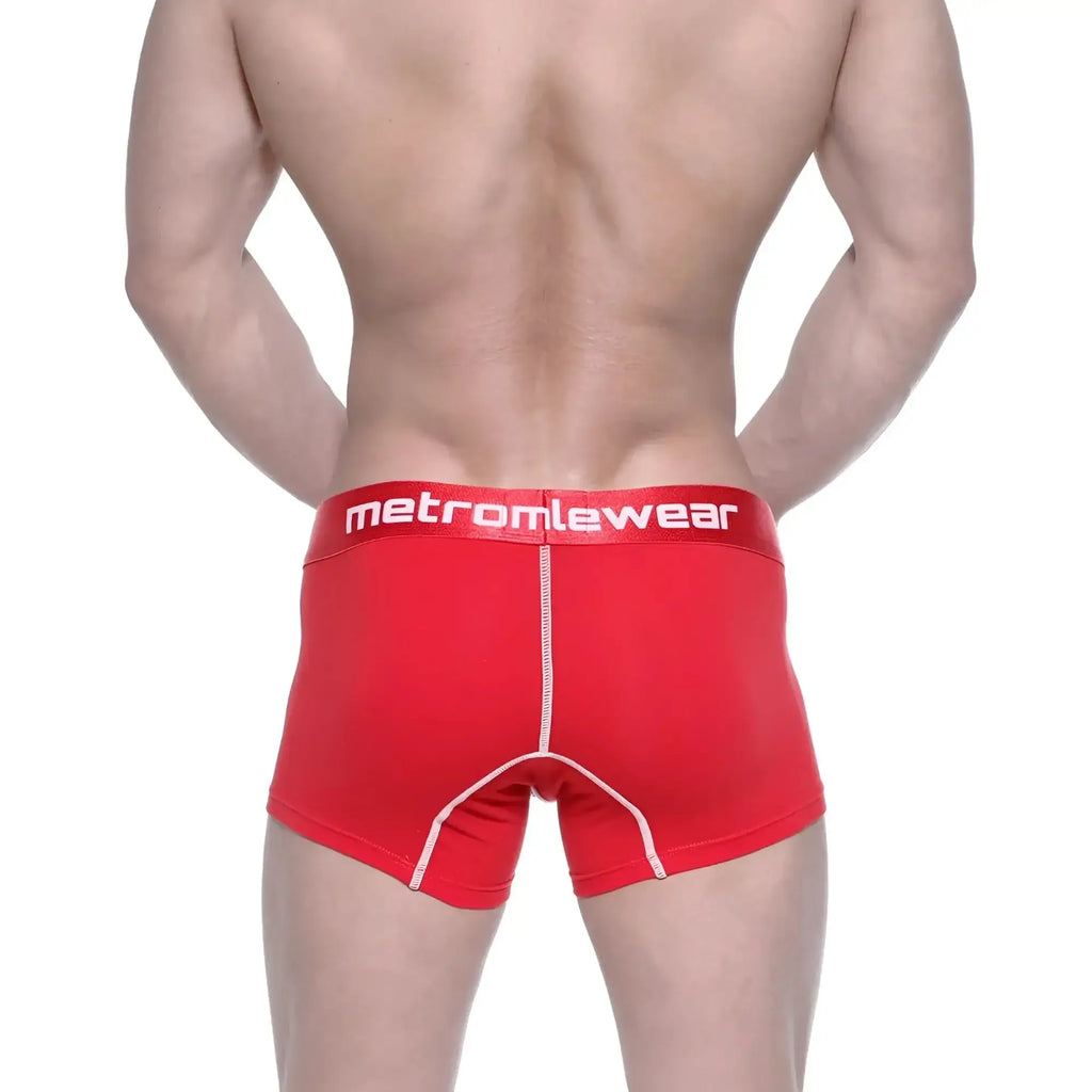 Red metromalewear cotton short boxer briefs with white stitching and branded waistband for comfortable wear
