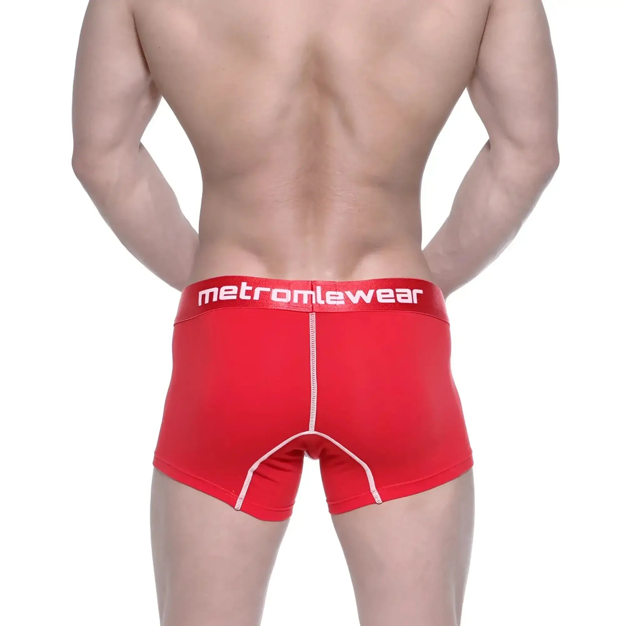 Red metromalewear cotton short boxer briefs with white stitching and branded waistband for comfortable wear