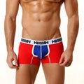 Red and blue cotton metro male wear men’s boxer briefs with white waistband and black miiow branding 7 inch length