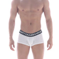 White cotton metroMaleWear short boxer briefs with black elastic waistband and white logo lettering