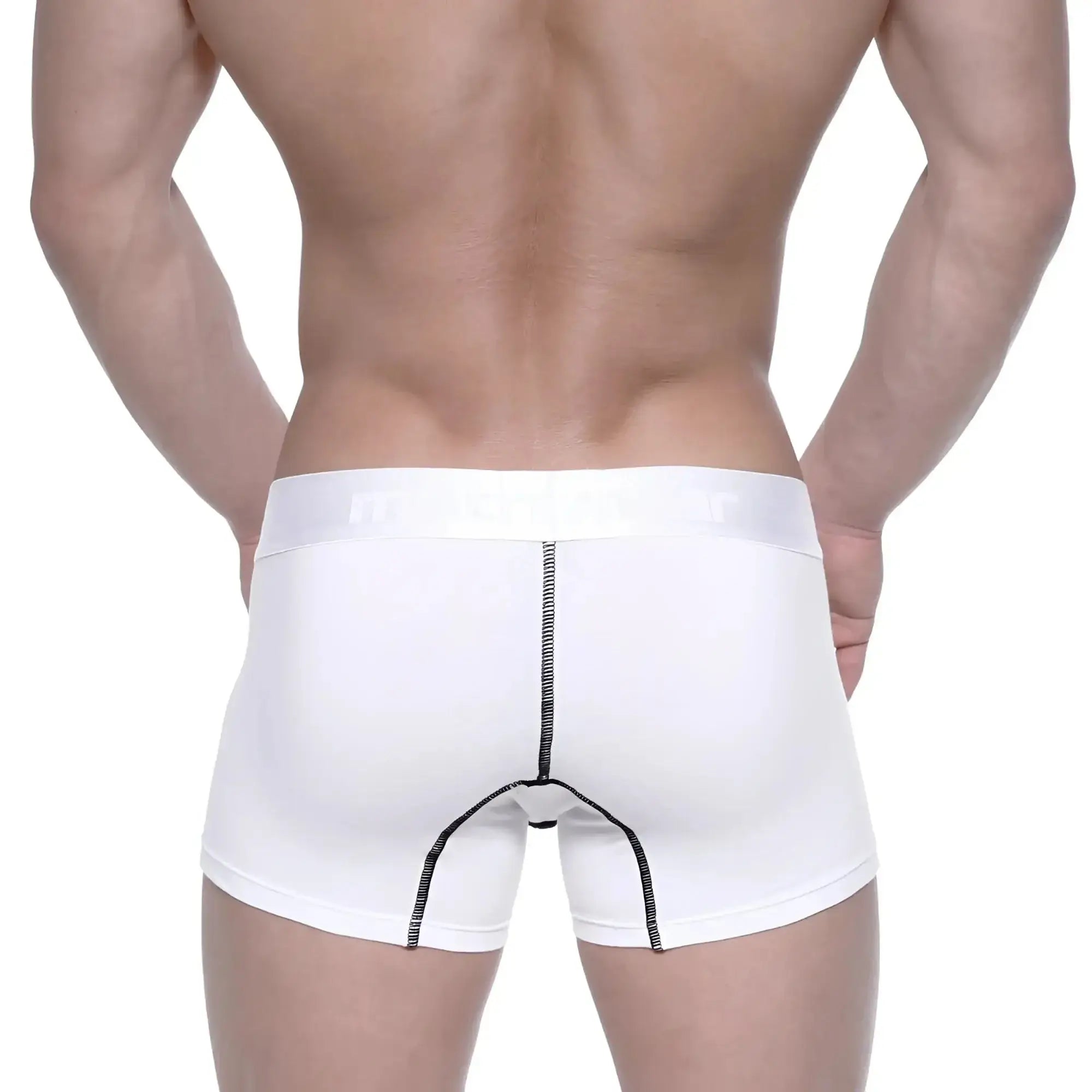 White metroMalewear cotton boxer briefs with black seam stitching and subtle waistband logo in wider 7 inch length