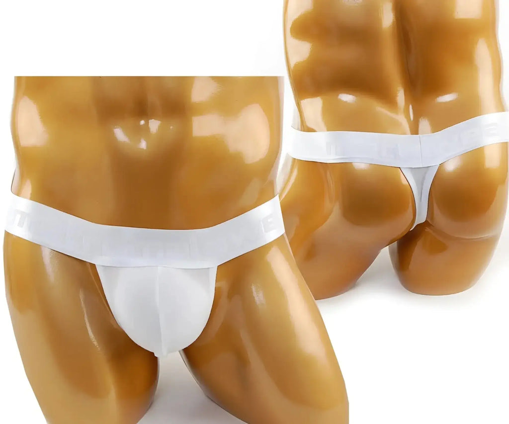 White cotton thong underwear with wide elastic waistband featuring embossed lettering from MetroMaleWear Crystal 3002-01