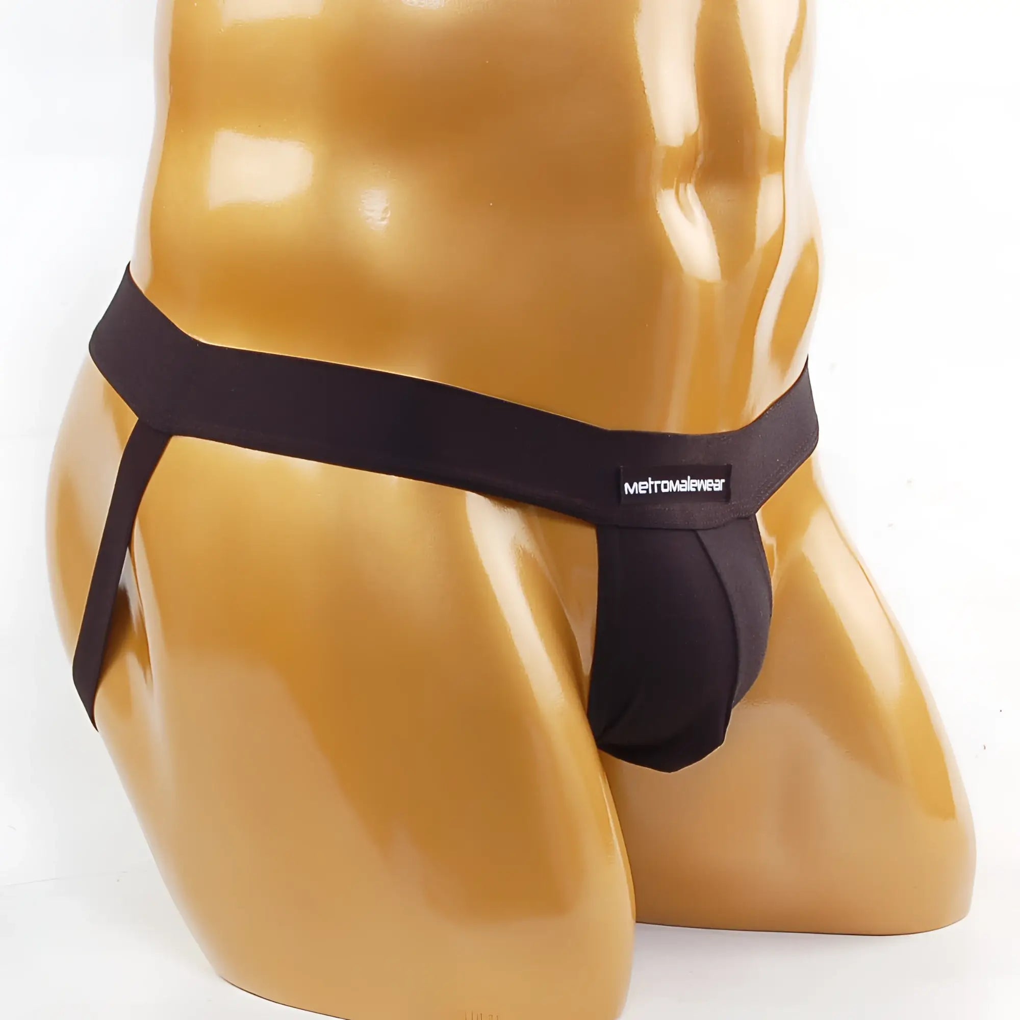 Black metromalewear cup jock strap thong made of smooth stretchy fabric with a sleek minimalist design shown from the back