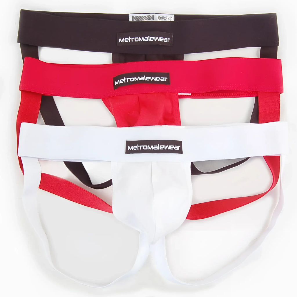 Set of three metromalewear cup jock strap briefs in black red and white for athletic support and comfort