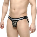 Black and white tiger print men’s briefs with branded waistband from metromalewear cup jock strap tiger 3001-v60