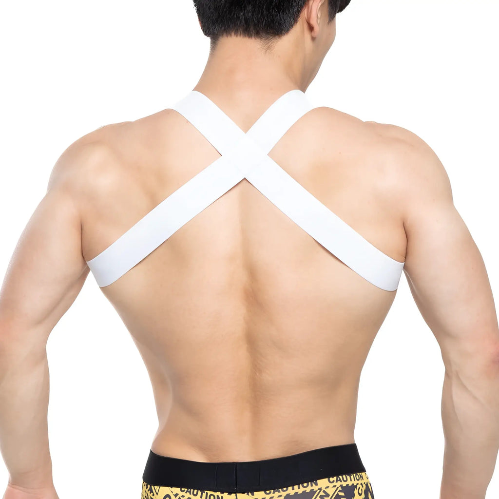 White cross-back athletic support strap worn on the back by MetroMaleWear danger harness 1400-63