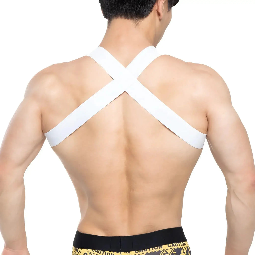 White cross-back athletic support strap worn on the back by MetroMaleWear danger harness 1400-63