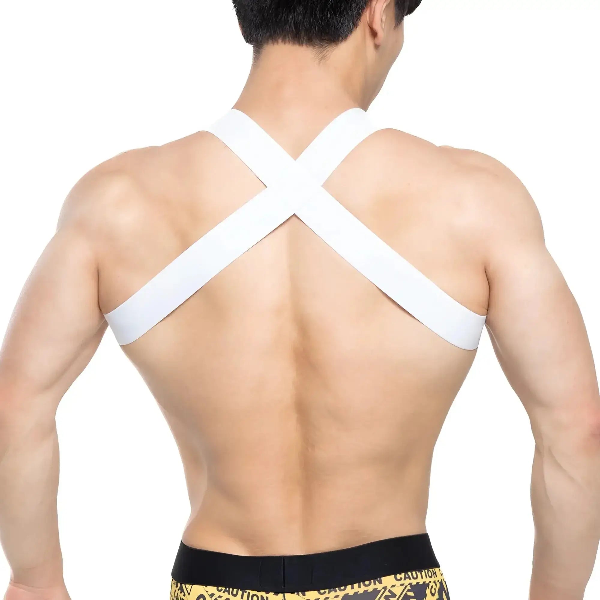White cross-back athletic support strap worn on the back by MetroMaleWear danger harness 1400-63