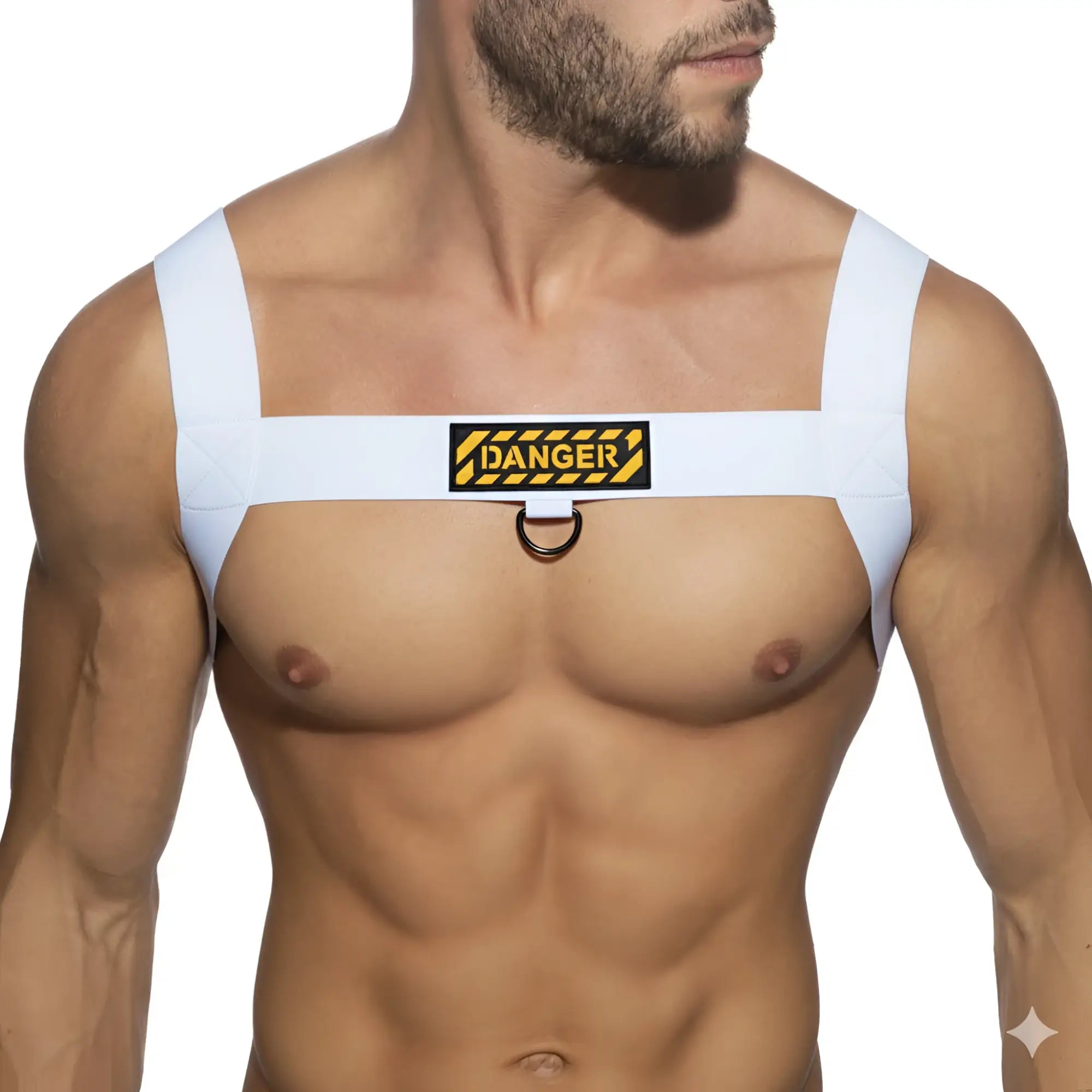 White fabric harness with metal ring and black and yellow danger patch from metromalewear danger harness 1400-63