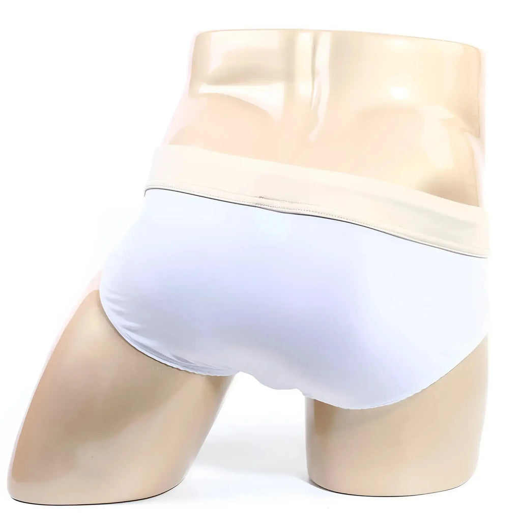 Metro male wear deportivo brief white 5203-f00 white briefs with beige elastic waistband on a mannequin front view