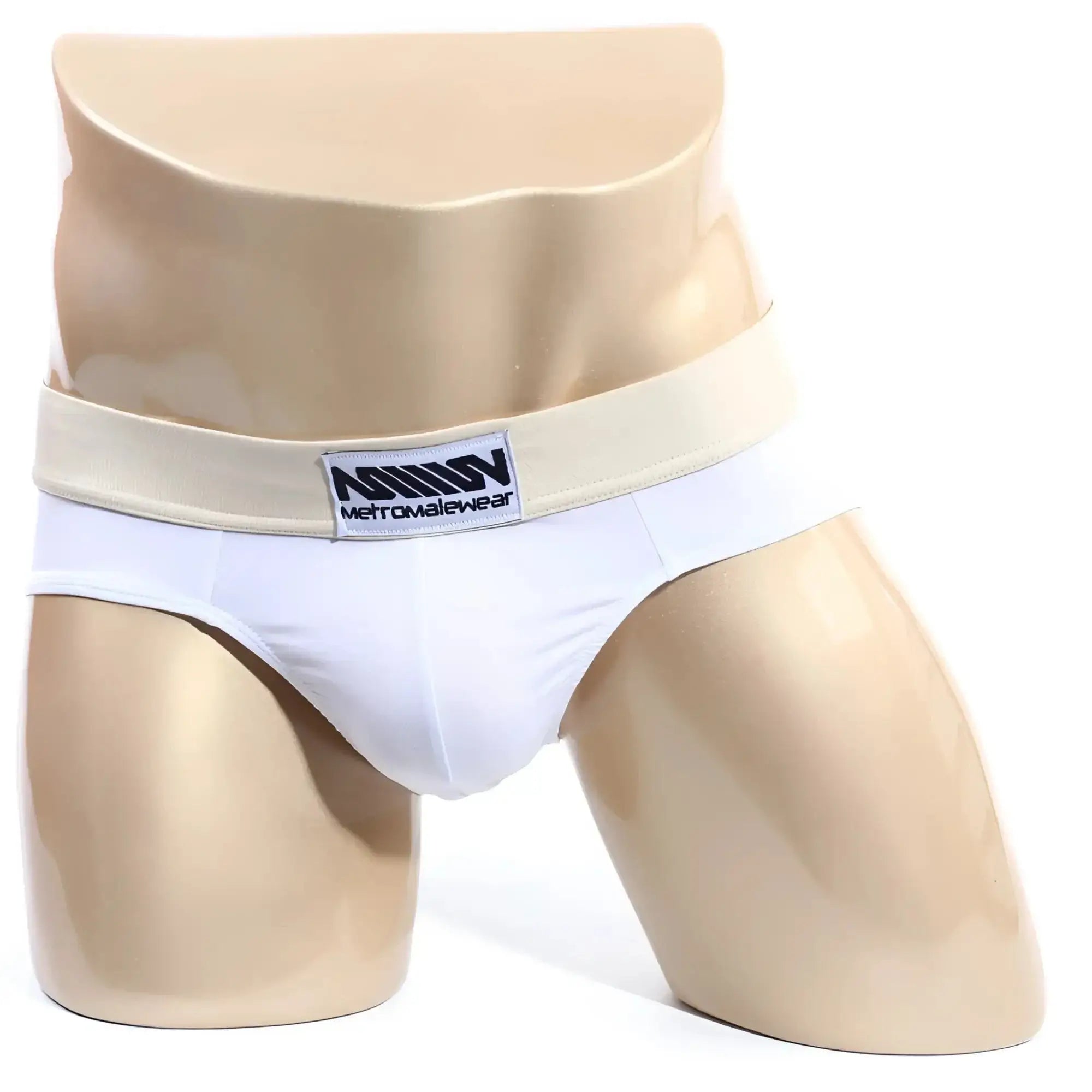 White metro malewear deportivo brief with beige elastic waistband and branded label in breathable fabric