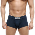 Navy blue metroMalewear deseo boxer briefs with a white label featuring the brand name and logo