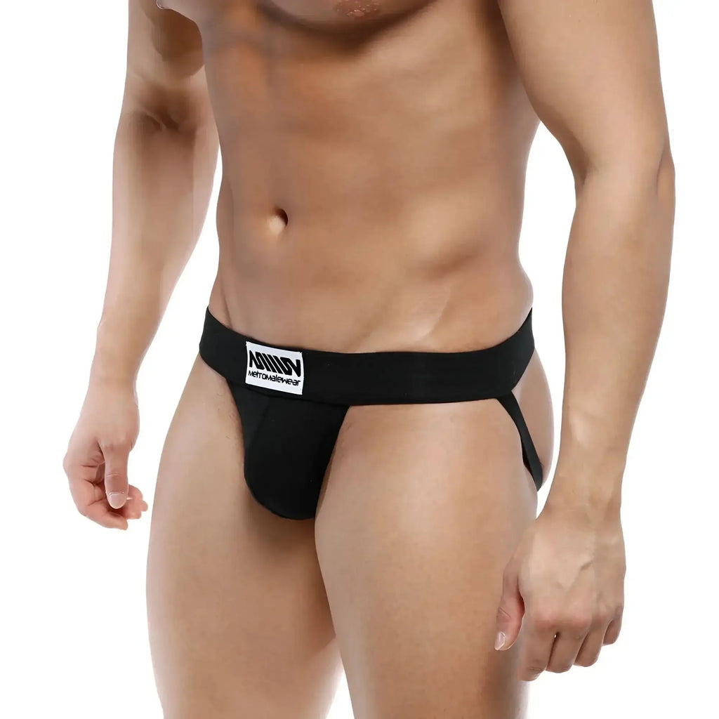 Black men’s athletic briefs metro male wear deseo jock strap black with white logo patch on waistband front view