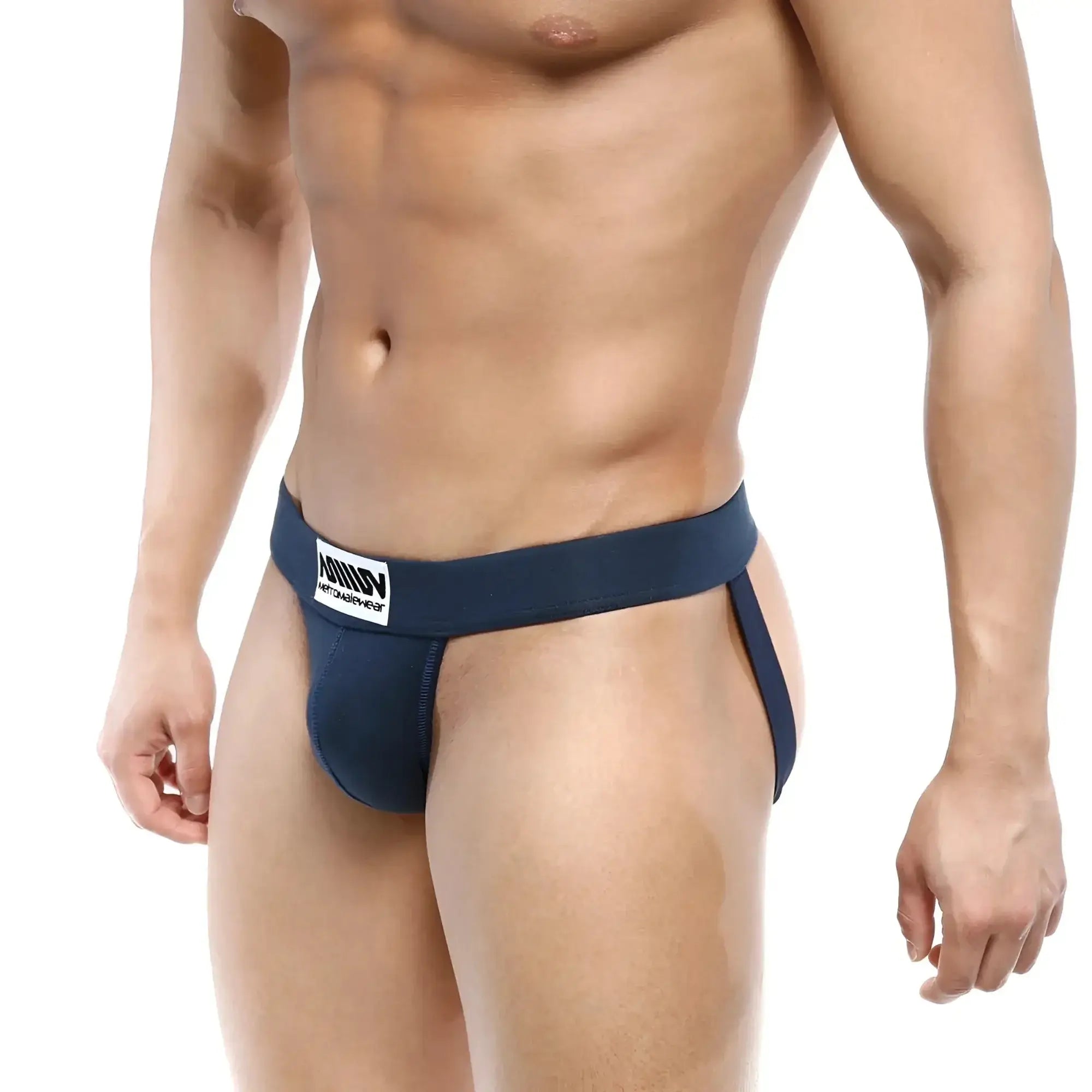 Navy blue navy athletic briefs with a white branded waistband from MetroMaleWear Deseo Jock Strap dark blue 3301-28