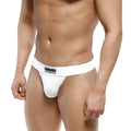 White men’s briefs with black logo waistband from metromalewear deseo thong 3312-00 in soft white fabric