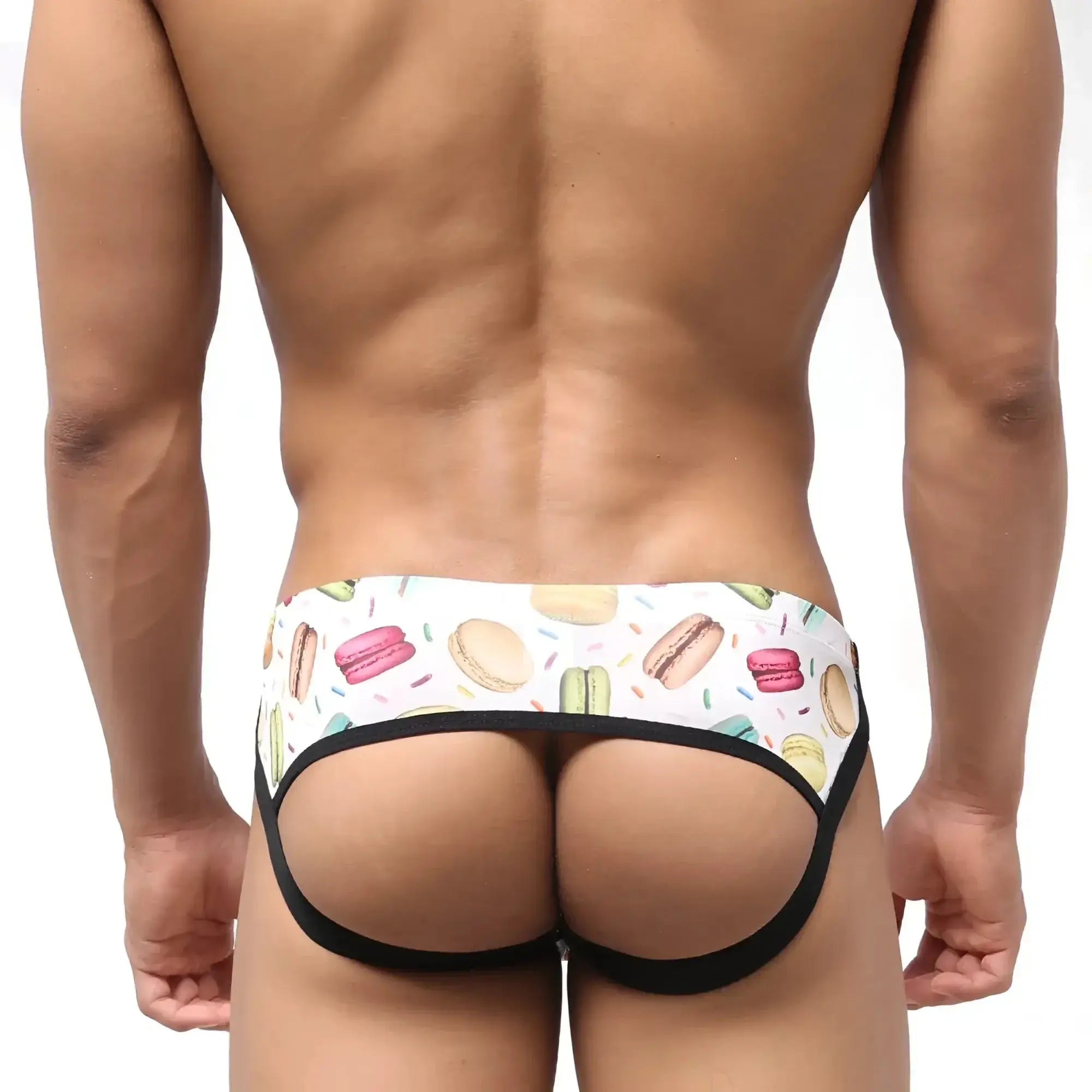 White and black briefs with colorful macarons hot dogs and sprinkles pattern from metromalewear despejado jock strap 1301-32