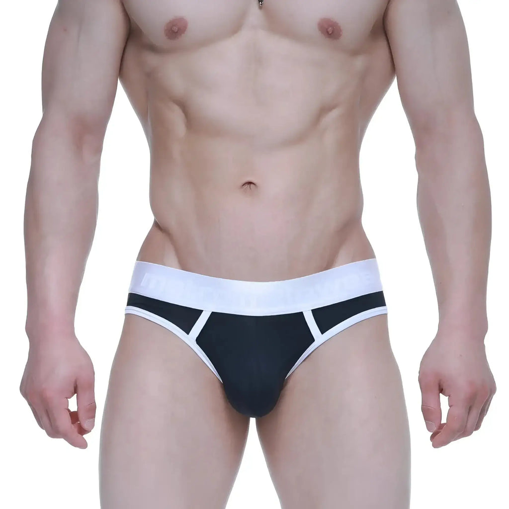 Black and white metro male wear dream bikini briefs with snug form-fitting design for athletic use