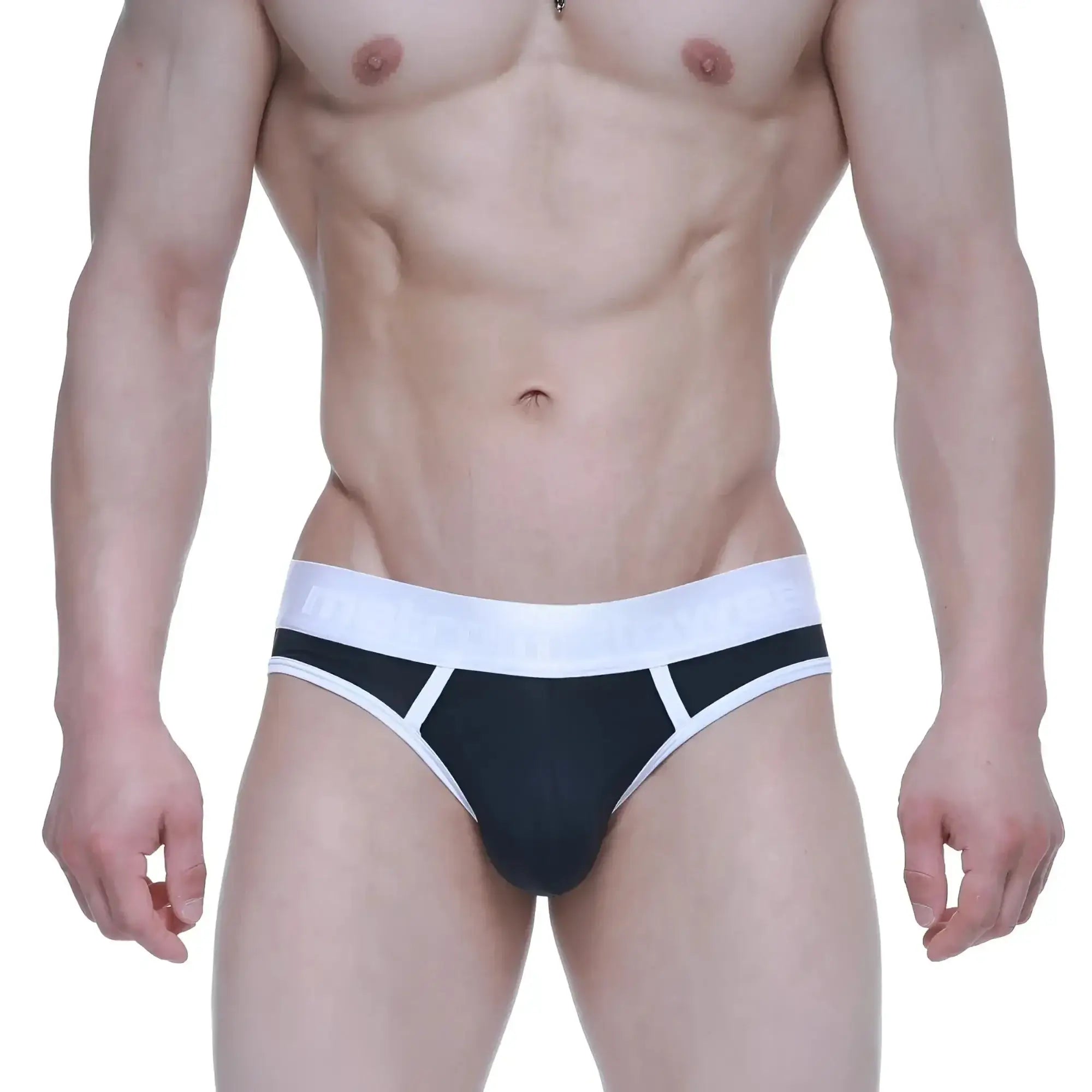 Black and white metro male wear dream bikini briefs with snug form-fitting design for athletic use