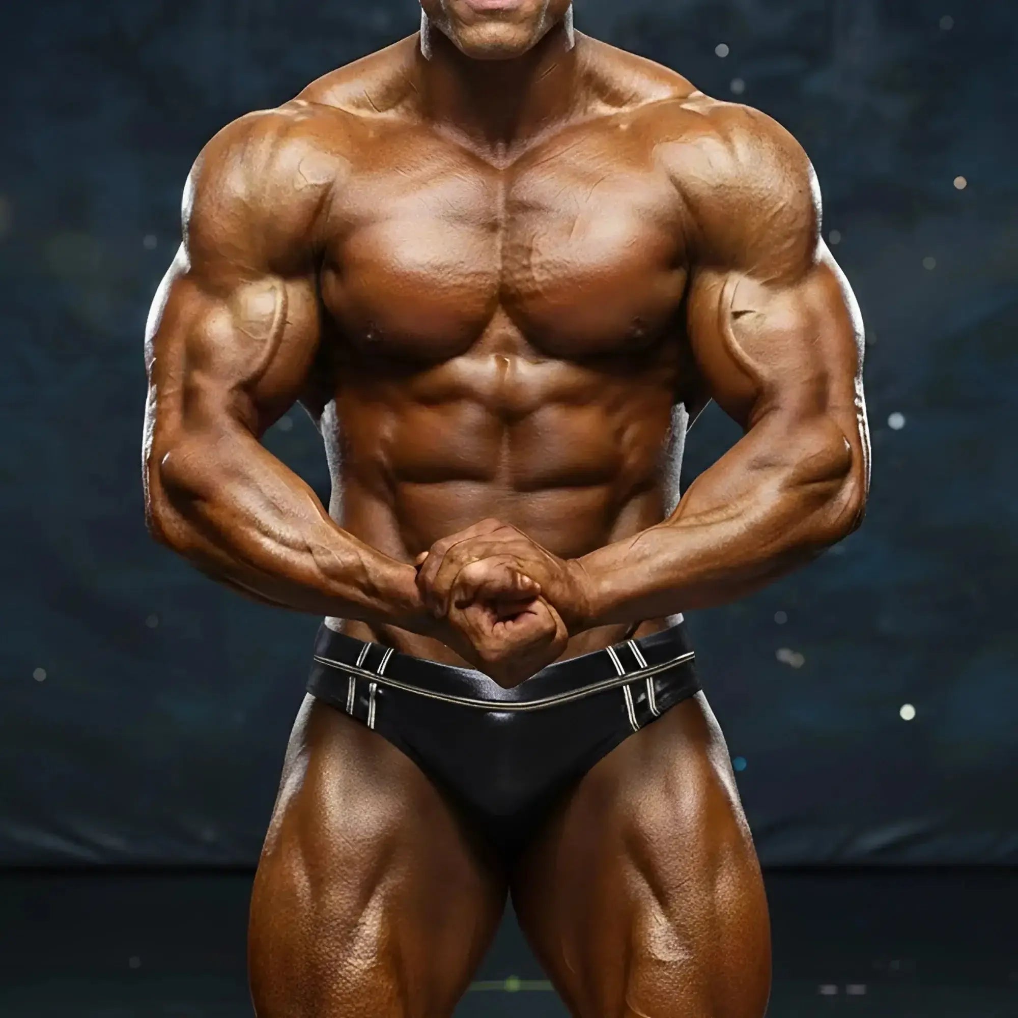 A muscular man wearing black form-fitting MetroMaleWear Duque swim briefs with silver trim in front view