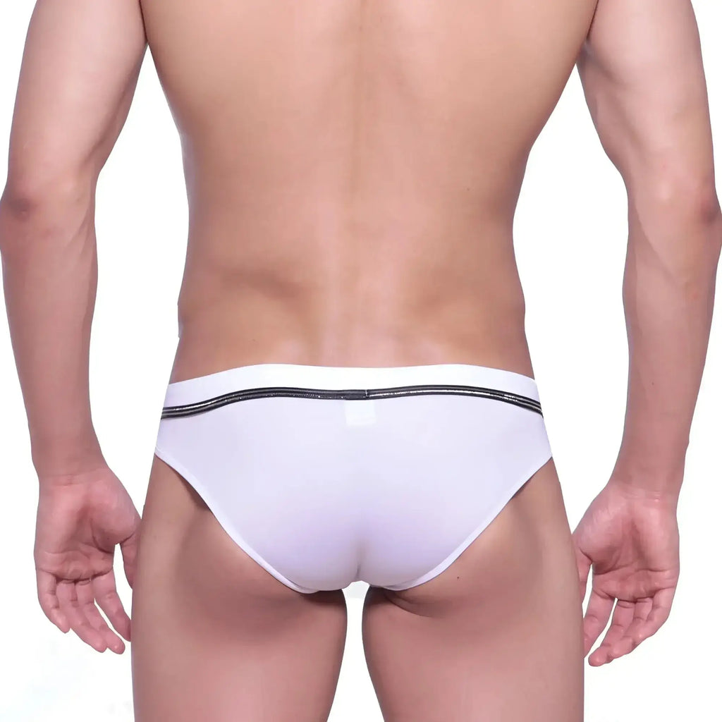 White briefs with black glittery elastic waistband metromalewear duque swim brief white 4914-81 front view
