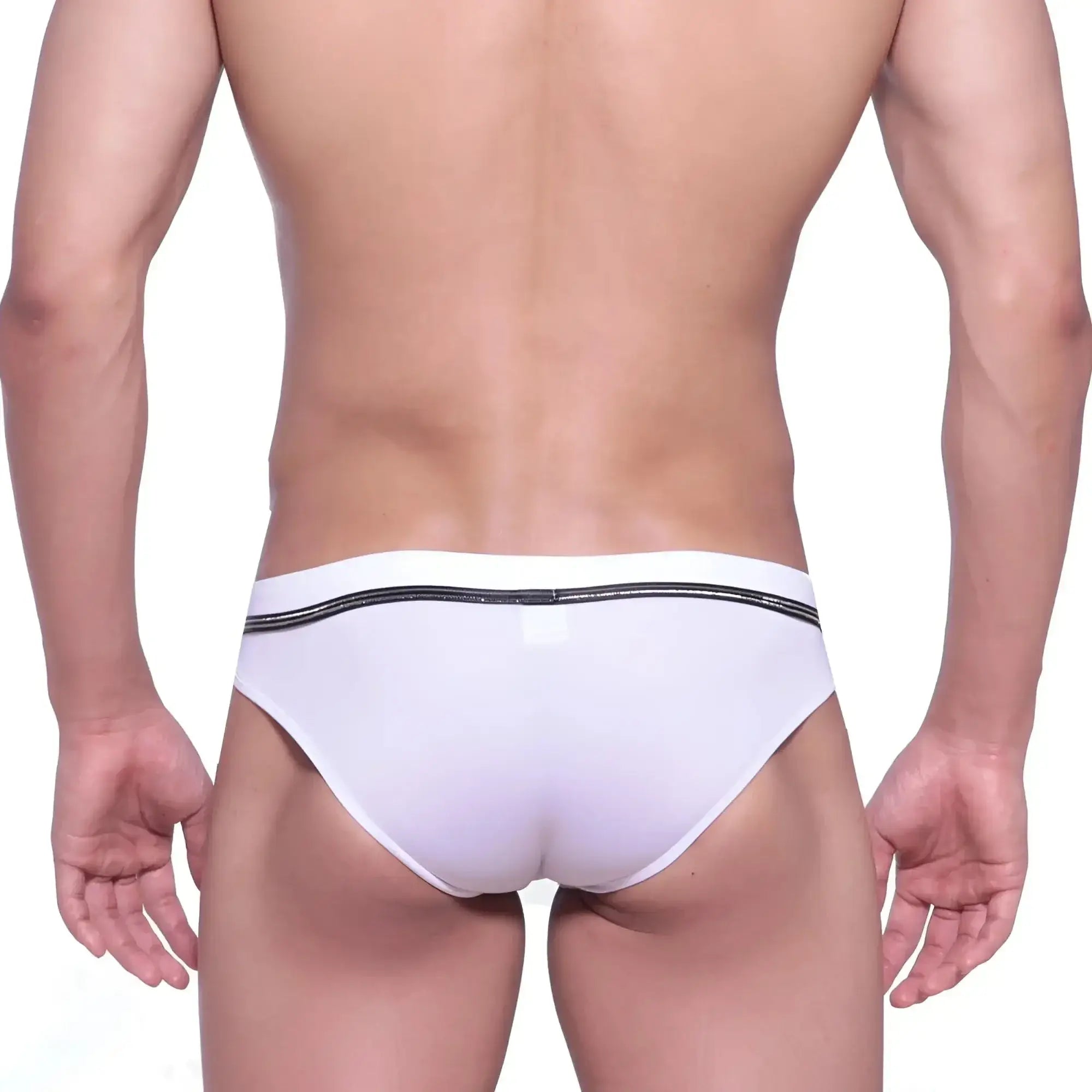 White briefs with black glittery elastic waistband metromalewear duque swim brief white 4914-81 front view