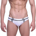 MetroMaleWear Duque white swim briefs with black striped detailing designed for comfortable beachwear
