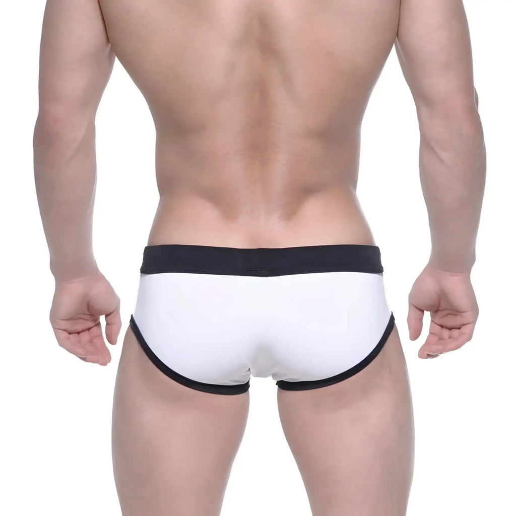 Metro malewear dutch flag swim briefs in white with black trim showing front side for swimming and beachwear