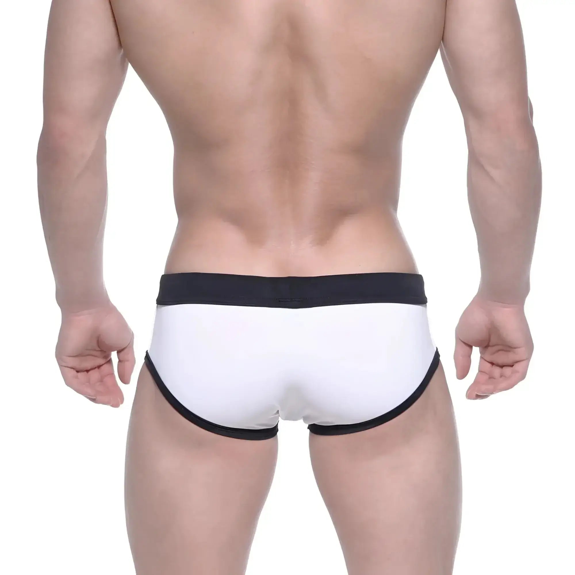 Metro malewear dutch flag swim briefs in white with black trim showing front side for swimming and beachwear