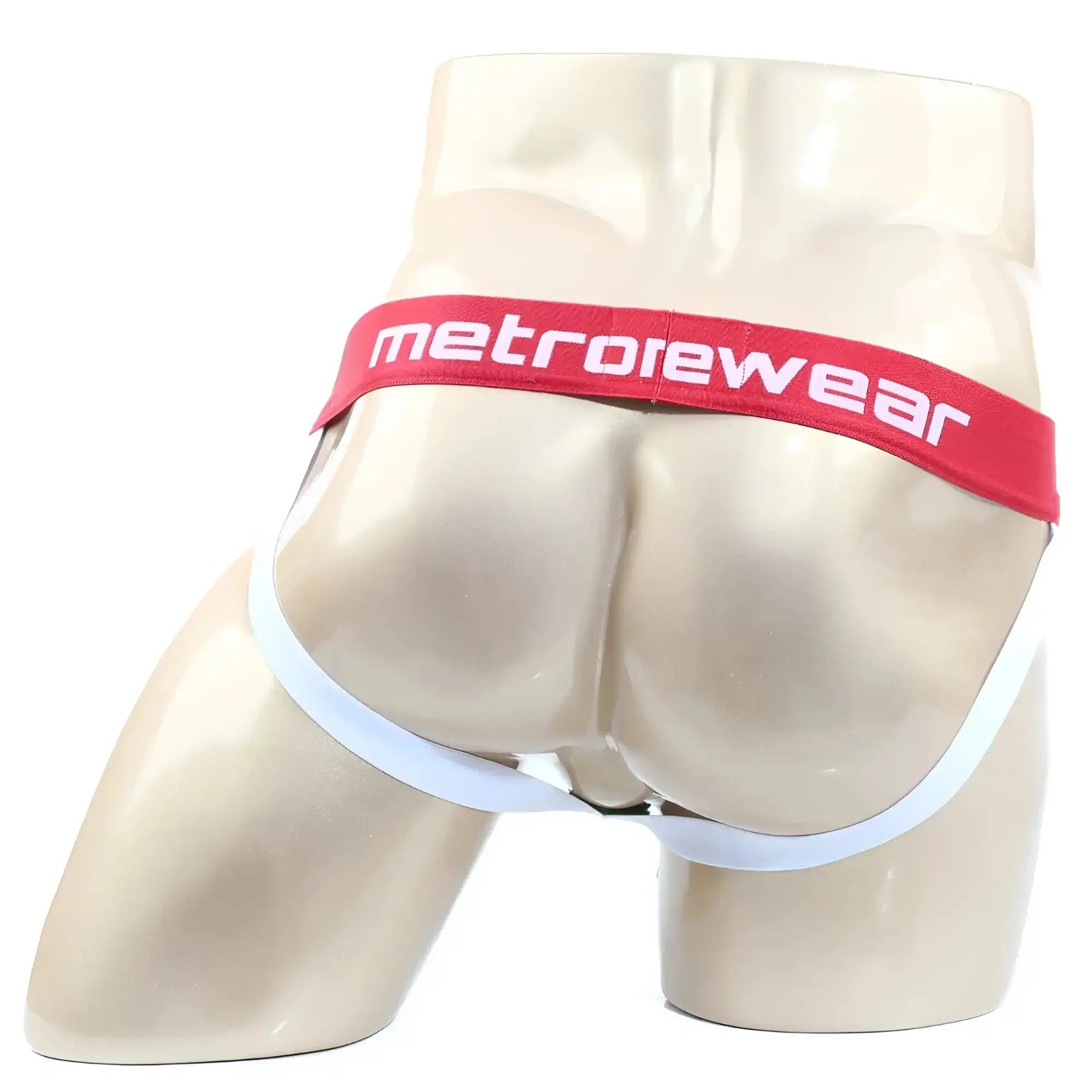 Red and white metrowear briefs with a snug form fitting design from metromalewear dynogreen jockstrap 2901-17
