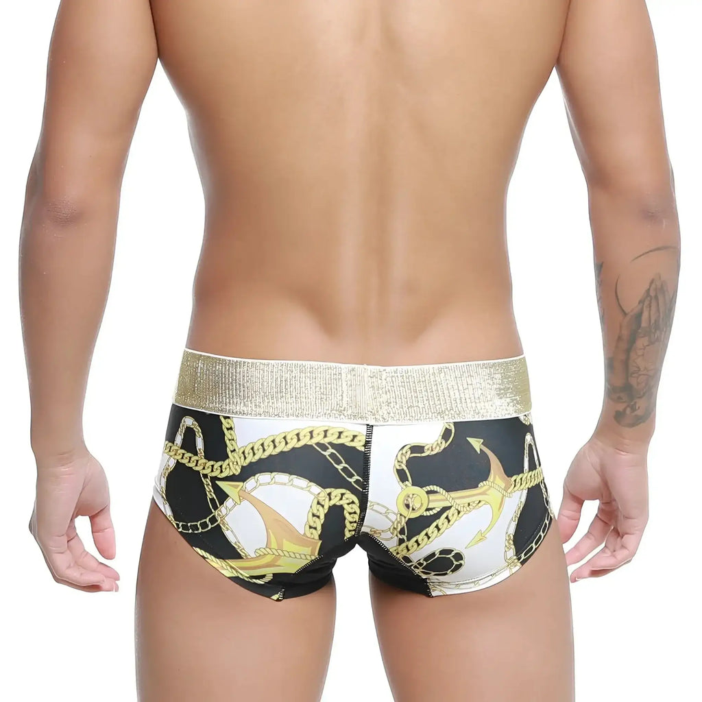 Metro malewear egyptian trunk 7013-99 black and white swim trunks with gold anchor chain pattern and metallic waistband