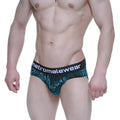 MetroMaleWear elegant briefs black 5203-63 with teal and black tropical leaf pattern and branded waistband
