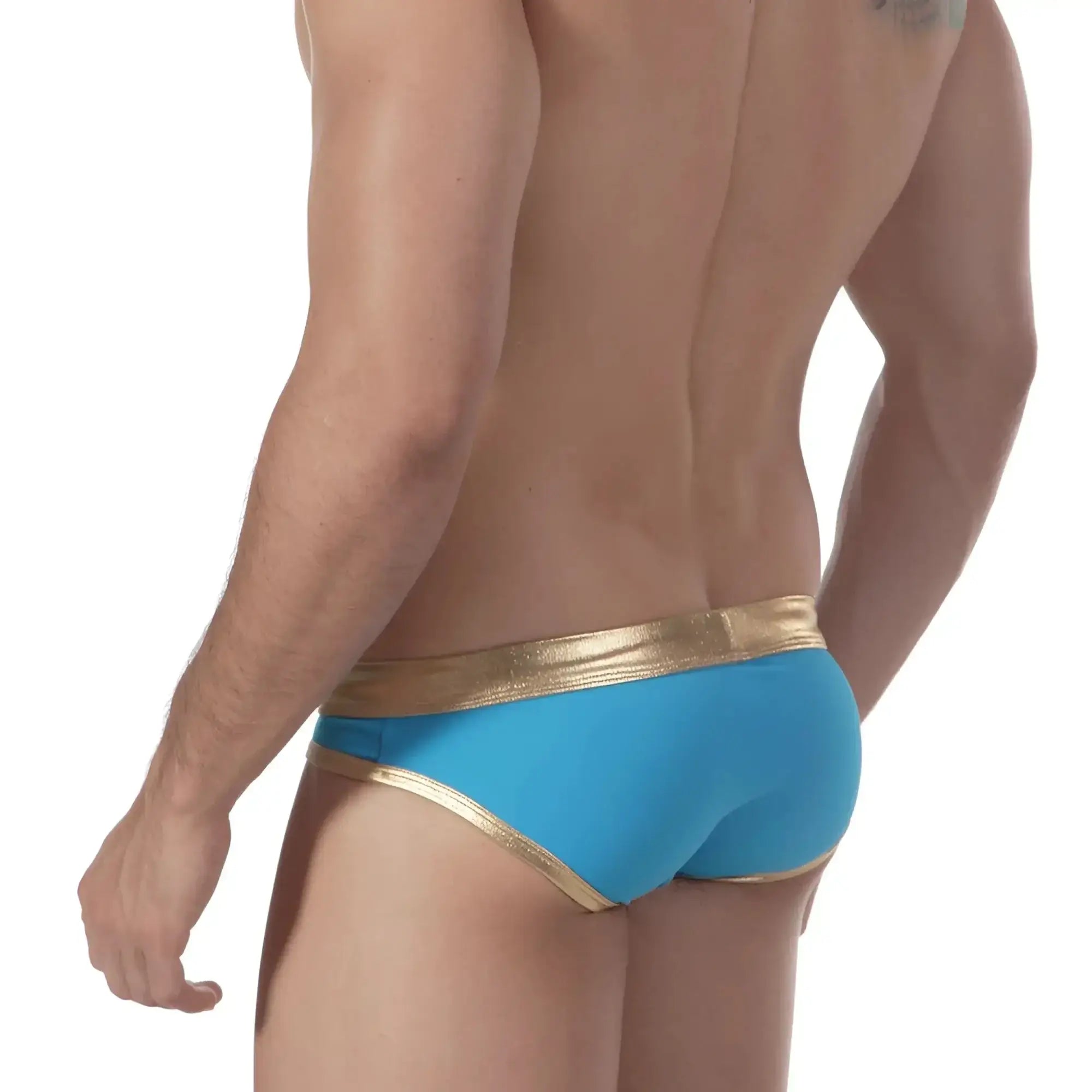 Bright blue metroMalewear empire swim brief with shiny gold waistband and trim in turquoise for men